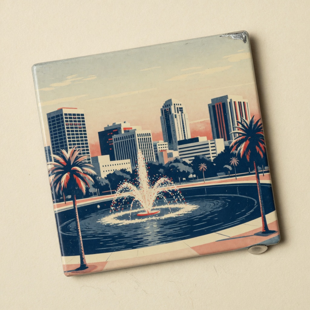 Rectangular tin souvenir magnet printed with a downtown lake, fountain, palms, and skyline